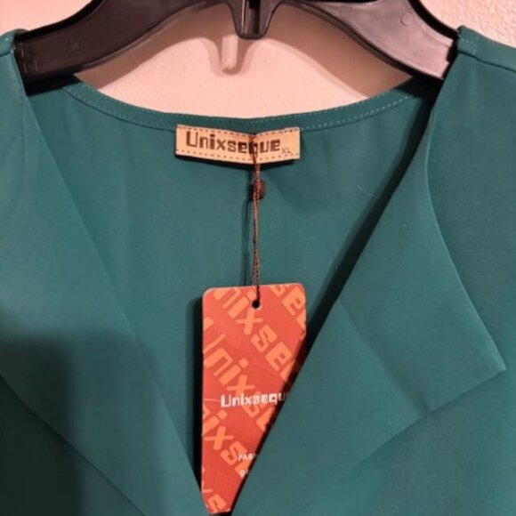 Unixseque Green, V Neck Chiffon Blouse Size XL - Picture 2 of 5